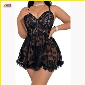 Floral Lace Babydoll Chemise Open Back Sexy Lingerie Nightgown Plus Size